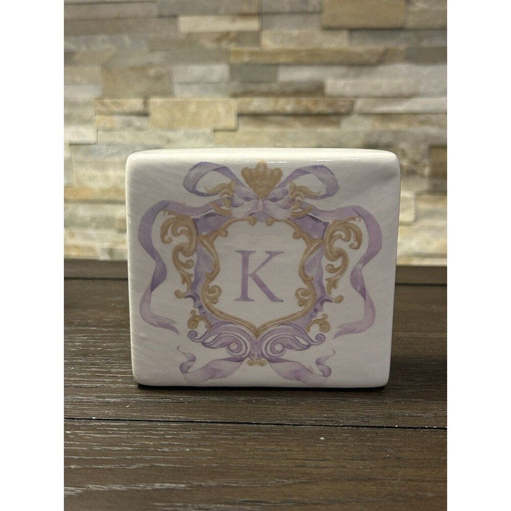 Ashland Frosted Fairytale Ceramic Monogram Decor Block “K” Purple Gold White